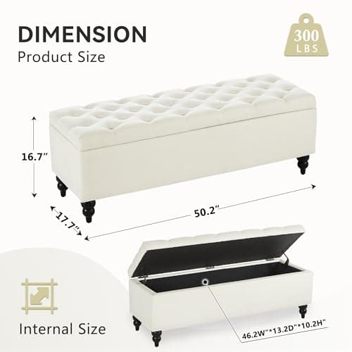 Ivory Upholstered Storage Ottoman Bench with Large Blanket Storage (50.2")