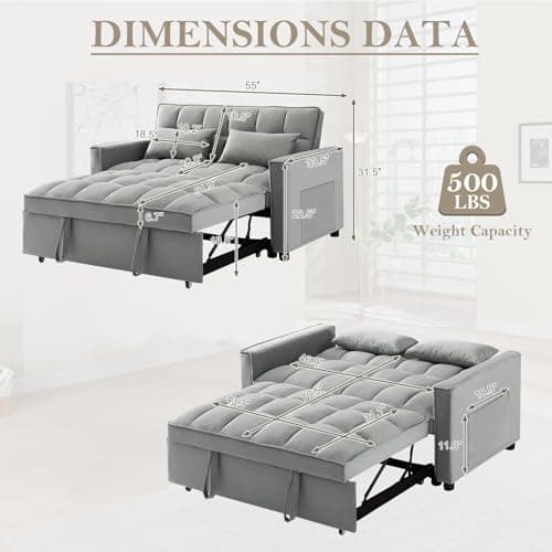 55" Velvet 3-in-1 Sleeper Sofa Bed, Living Room Loveseat with Adjustable Backrest(Grey)