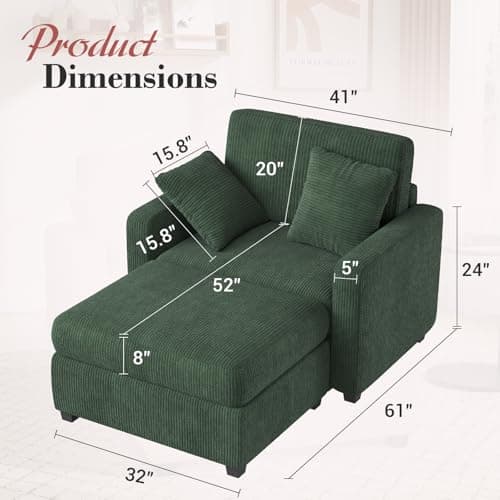 Apicizon Green Indoor 42" Sleeper Chaise Lounge Chair with Pillows and Armrests