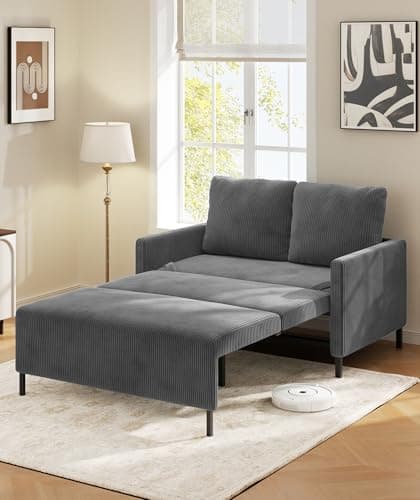 Corduroy Convertible Sofa Bed, 47" Loveseat with Fluffy Pillows, Grey