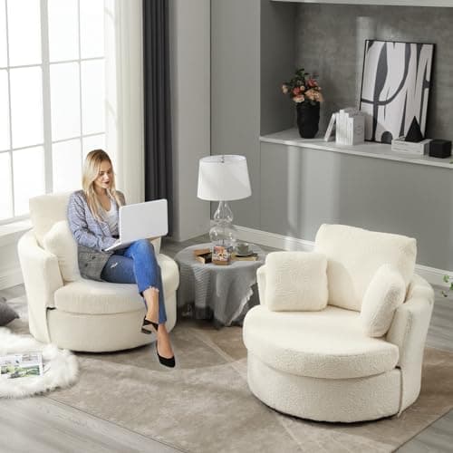 Set of 2 JEEOHEY Modern Chenille Swivel Barrel Chairs with Pillows - Grey Accent Arm Chairs for Living Room, Nursery, Bedroom, Office