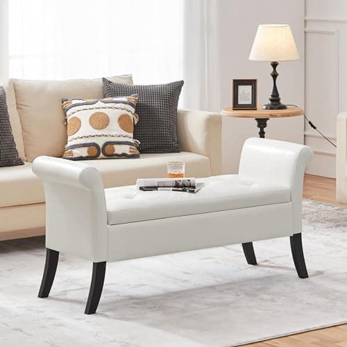 Yaheetech 52in Tufted Faux Leather Ottoman Bench with Arms White