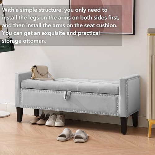 Grey Velvet Button Tufted Storage Ottoman Bench, 45" End of Bed Bench