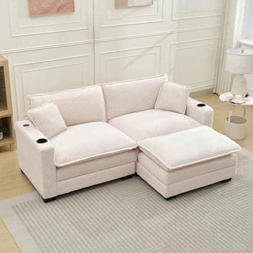 KIVENJAJA Beige Corduroy Cloud Sectional Couch, 82.7"W, Modular Loveseat with Ottoman & USB Port