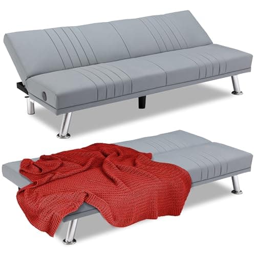VECELO Modern Convertible Couch Bed, Faux Leather Futon, Brown