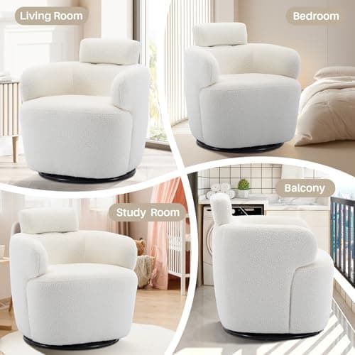 360° Swivel Boucle Chair, Tufted Ivory Headrest Living Room Chair