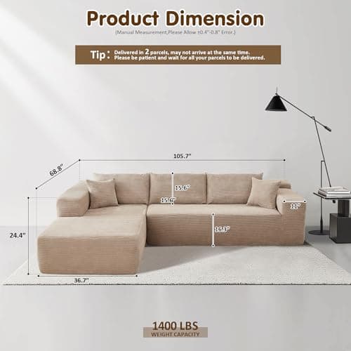Ovios 104" Cloud Sectional with L-Shaped Chaise, Camel (Corduroy)