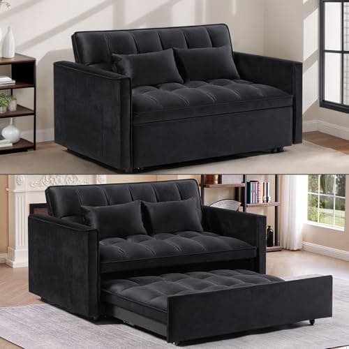 Black 3-in-1 Velvet Couch Bed with Recliner and Pillows, Full Size Sleeper Sofa