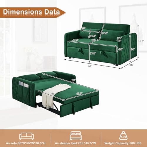 Convertible Sleeper Sofa Couch with Pull Out Bed, 55 Modern Velvet Sofa Bed with Adjustable Backrest & Side Pocket in Green