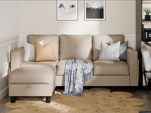 SUNLEI Movable Ottoman Storage L-Shaped Couch, Dark Grey Linen, Living Room Fit Small Spaces