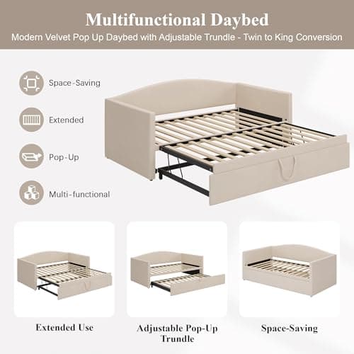 Beige Merax Twin Size Extended Pop Up Trundle Daybed Sofabed