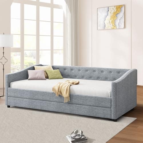 Twin Upholstered Daybed with Trundle, Tufted Button Back & Piping Arms, Light Grey
