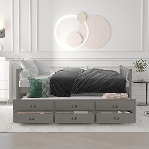 Upholstered Daybed with Trundle, Drawers, and Wood Slat Support Frame - Grey