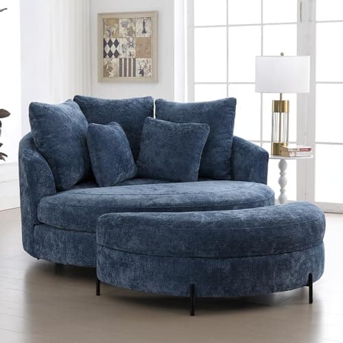 Beige Knitted Chenille Oversized Barrel Chair with Wheels & 5 Pillows