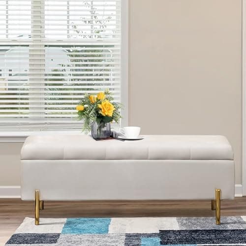 Ivory Upholstered Tufted Velvet Storage Bench for Living Room Entryway