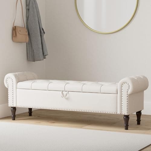 Linen Button Tufted King Ottoman for Bed End, Window Seat with Nailhead Trim