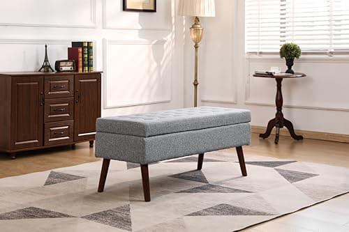Beige Linen Tufted End of Bed Storage Bench with Solid Wood Legs