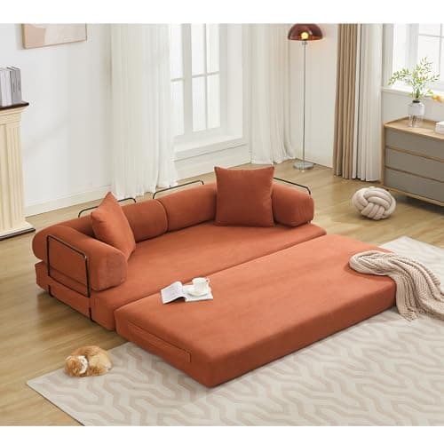 Beige Cylindrical Pillow Convertible Sleeper Sofa Bed