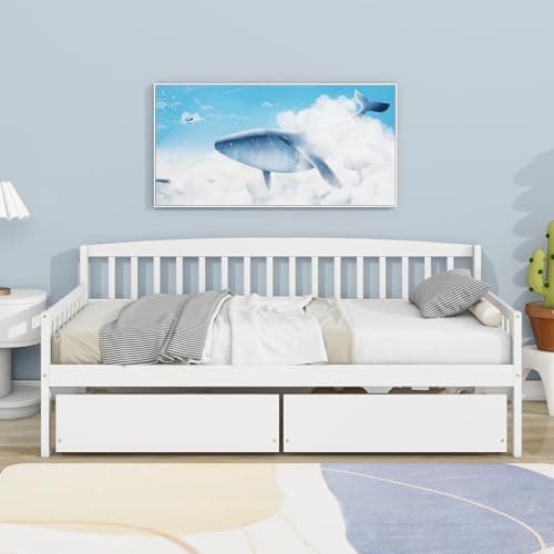 Twin Size Daybed Frame with Storage Drawers, White Wood Bed