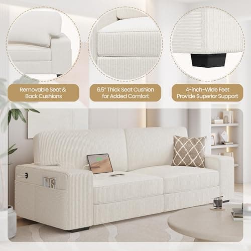 Yaheetech 83.5" Modern 2 Seater Corduroy Sofa with USB Ports & Storage Pockets