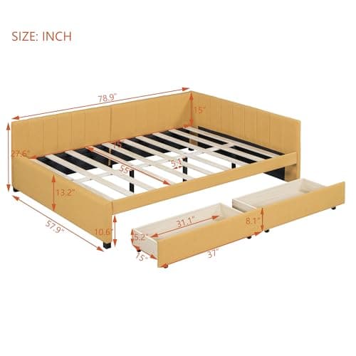 Merax Full Size Upholstered Daybed with Storage Drawers, Yellow Linen Fabric
