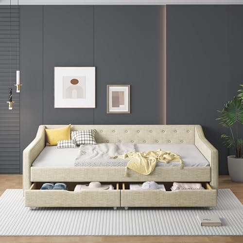 Full Size Upholstered Day Bed with Drawers & Tufted Back, Dark Grey
