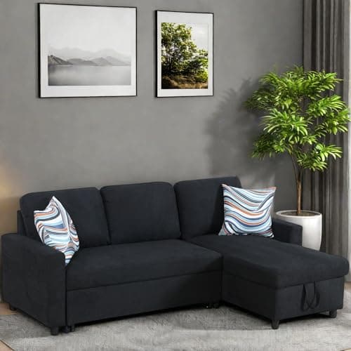 L-Shaped Convertible Sofa Bed with Storage, Black