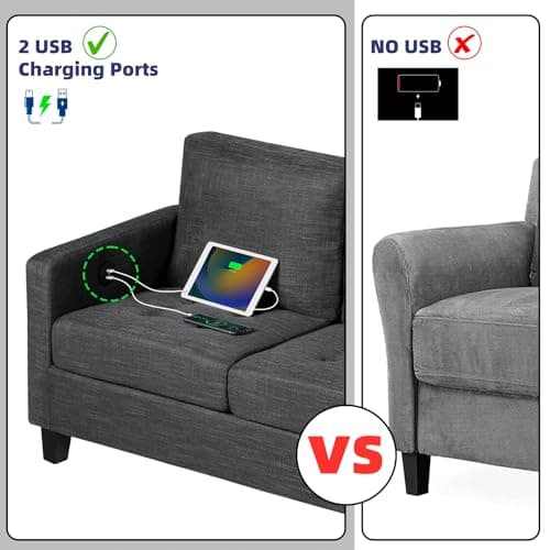 72" 3 Seater Gray Couch with USB Ports for Small Spaces