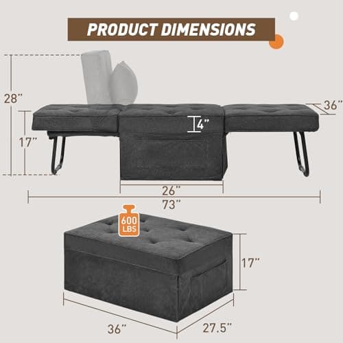 4-in-1 Convertible Sofa Bed with Adjustable Backrest, Gray (Large)