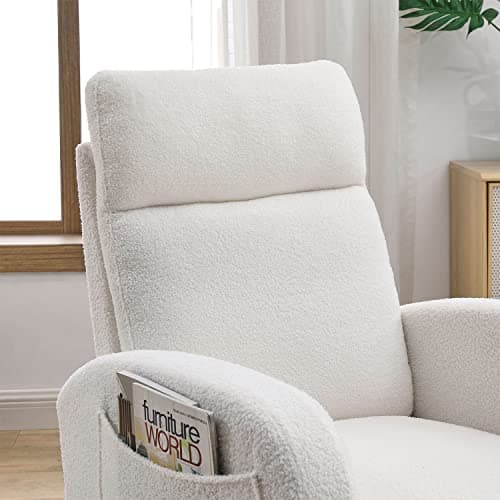 Modern White Fabric Upholstered Rocking Glider Chair with Side Pockets