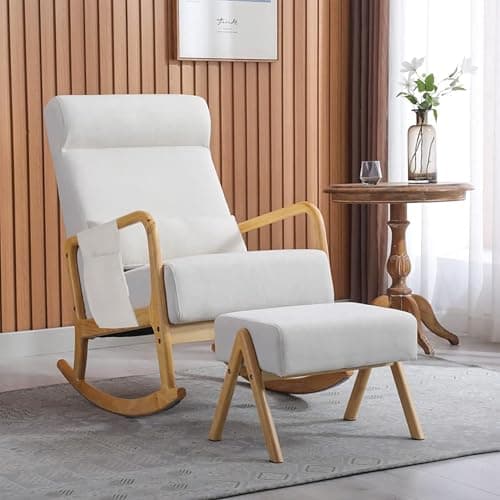 HOMREST Mid-Century Modern Rocking Chair with Ottoman & Side Pocket, White