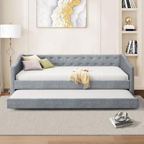 Twin Upholstered Daybed with Trundle, Tufted Button Back & Piping Arms, Light Grey