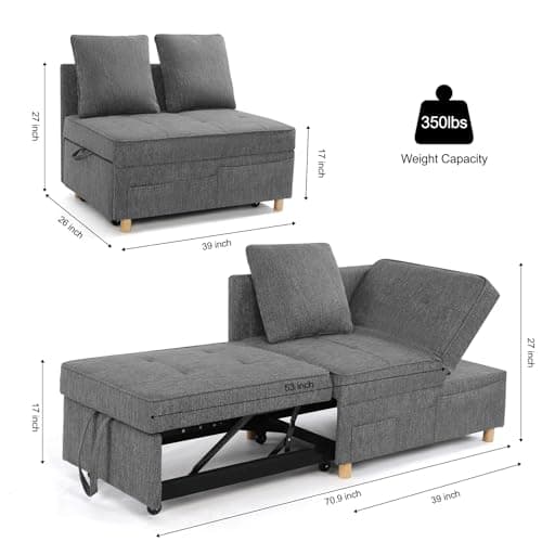 SEJOV 3-Seat Pull Out Couch Bed, 4-in-1 Convertible Sleeper Sofa, Dark Grey