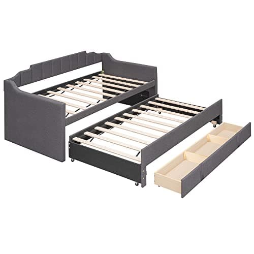 Grey Upholstered Daybed with Trundle and 3 Storage Drawers.