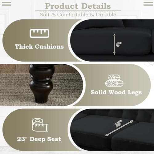 57 Button Tufted Velvet Loveseat Sofa in Black for Living Room, Bedroom, Office, Apartment