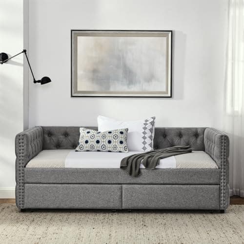 Twin Size Nailhead Trim Button Tufted Daybed with Storage Drawers, Grey