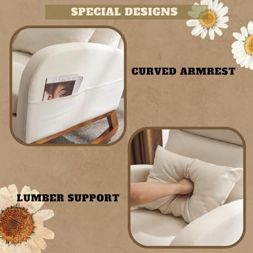Vingli Beige Linen Rocking Chair with Thick Headrest for Nursery and Living Room