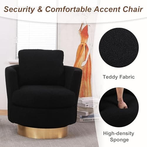 Gold Stainless Steel Base Teddy Swivel Chair, Black Comfy Living Room Accent
