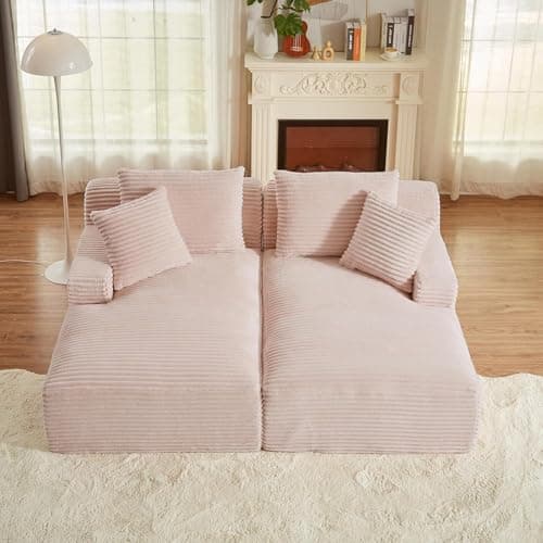 Oversized Pink Corduroy Chaise Lounge Chair with Recliner & Throw Pillows