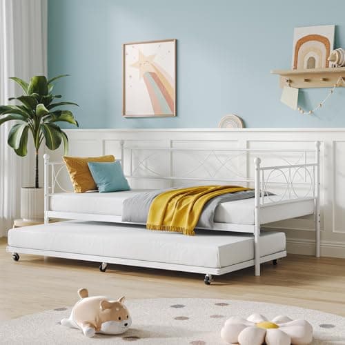 IDEALHOUSE Metal Twin Daybed with Trundle, Multifunctional Bed Frame