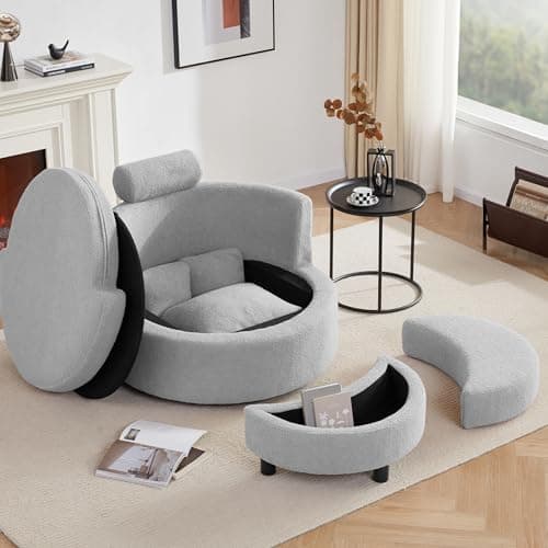 Modern Swivel Chair with Storage Ottoman for Living Room, Brown Teddy Fabric