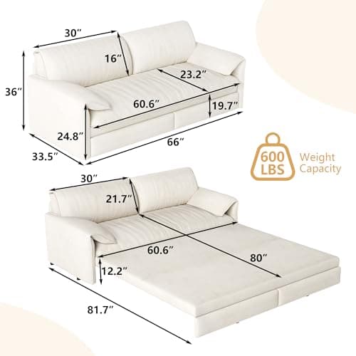 GNIXUU 66" Queen Pull-Out Sofa Bed, Beige Velvet Sleeper Couch with Side Storage