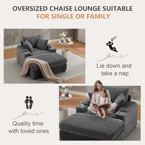 Oversized Grey Chaise Lounge Chair with Ottoman & Storage