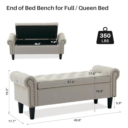 Light Brown Linen Tufted Storage Bench with Rolled Arms & Ottoman, 50" Queen End of Bed Bench