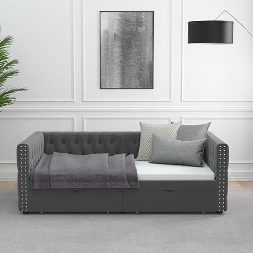 Velvet Upholstered Twin Daybed with Storage Grey (No Box Spring)