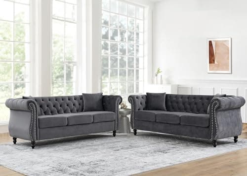 JEEOHEY Chesterfield Sofa Set,2 Pieces Button Tufted Velvet Couch