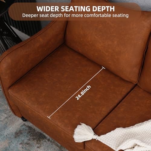 Mid Century Modern Brown PU Leather 2 Seat Sofa for Small Spaces