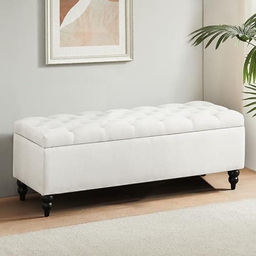 Ivory Upholstered Storage Ottoman Bench with Large Blanket Storage (50.2")