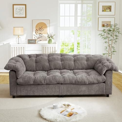 JEEOHEY Modern Sofa Couch, 99" W Chenille Tufted Fluffy Comfy Cloud Couch with Tutfted Design & Armrest Pillows, Upholstered Oversized Loveseat Sofa for Living Room, Bedroom, Office, Apartment, Grey