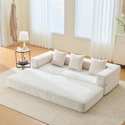 Beige Cylindrical Pillow Convertible Sleeper Sofa Bed